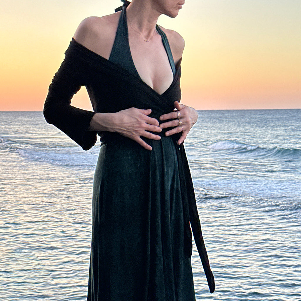 suger® rappa jacket in black paired with blue mineral harmony halter dress