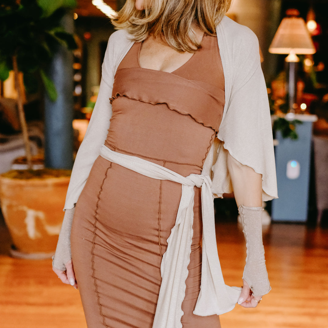 cedar pencil skirt with heaven shimmer girl wrap and champagne shimmer aria sleeves