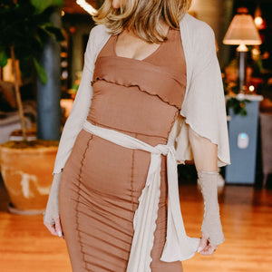 cedar pencil skirt with heaven shimmer girl wrap and champagne shimmer aria sleeves