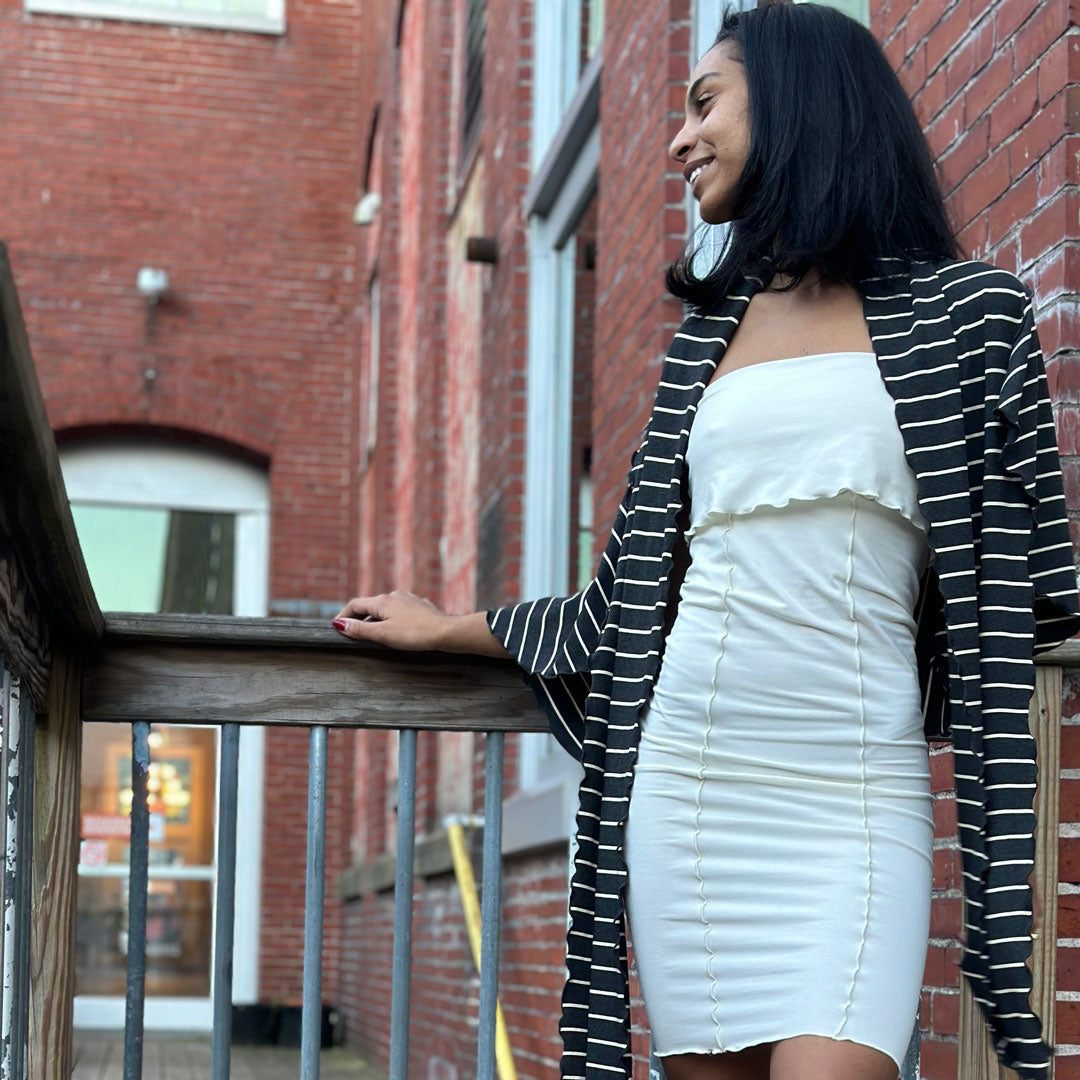 pencil skirt styled as dress with yin stripe girly wrap