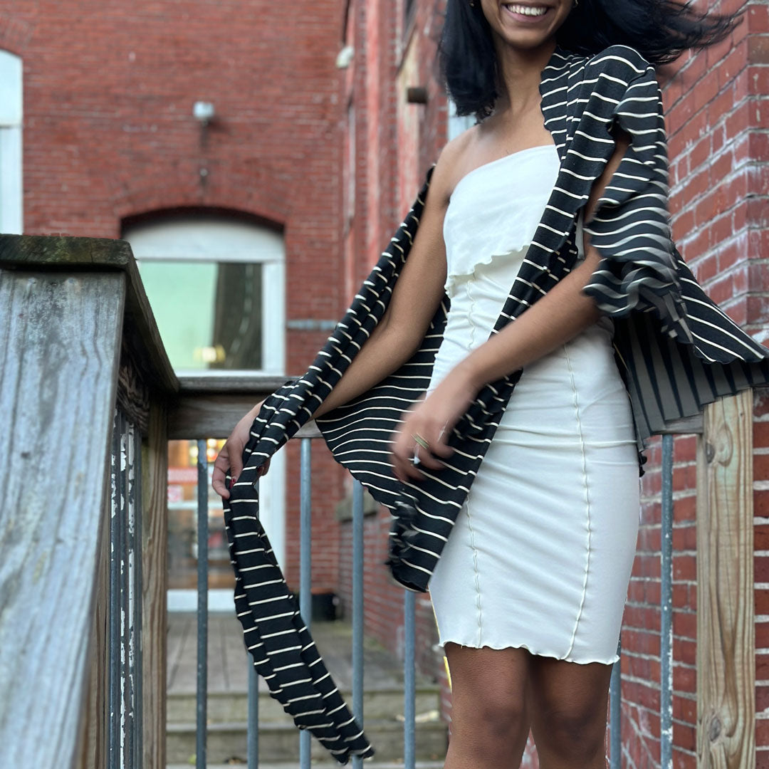 pencil skirt styled as dress with yin stripe girly wrap