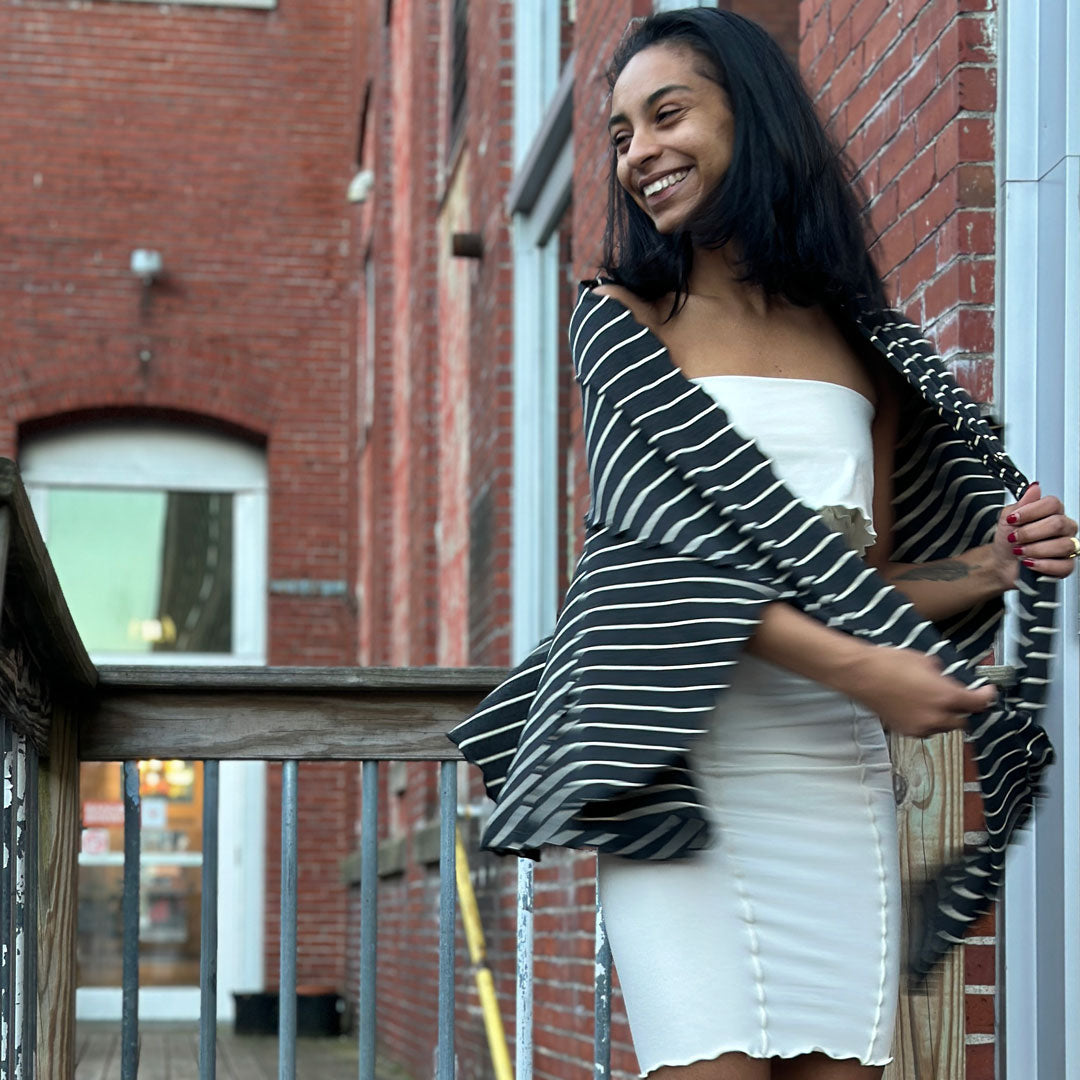 pencil skirt styled as dress with yin stripe girly wrap