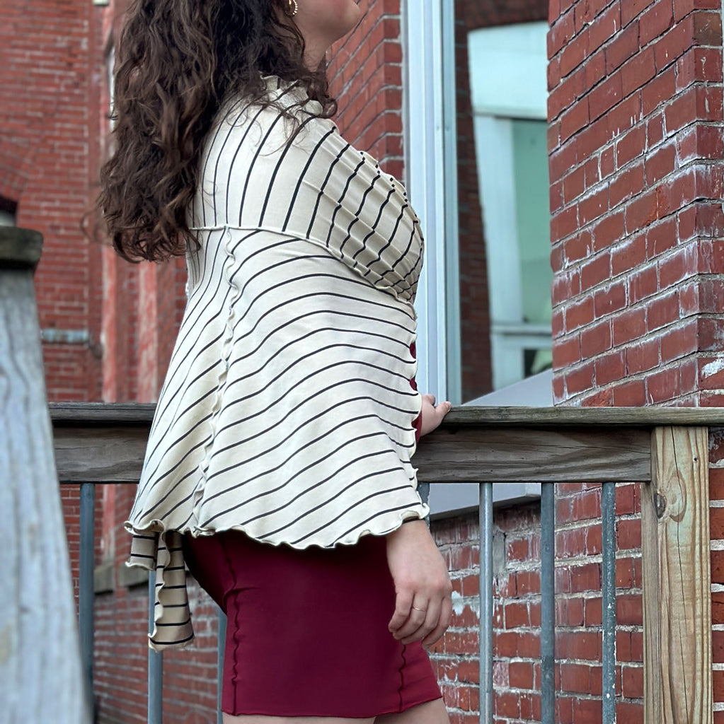 ruby pencil skirt styled as dress with yang stripe girly wrap