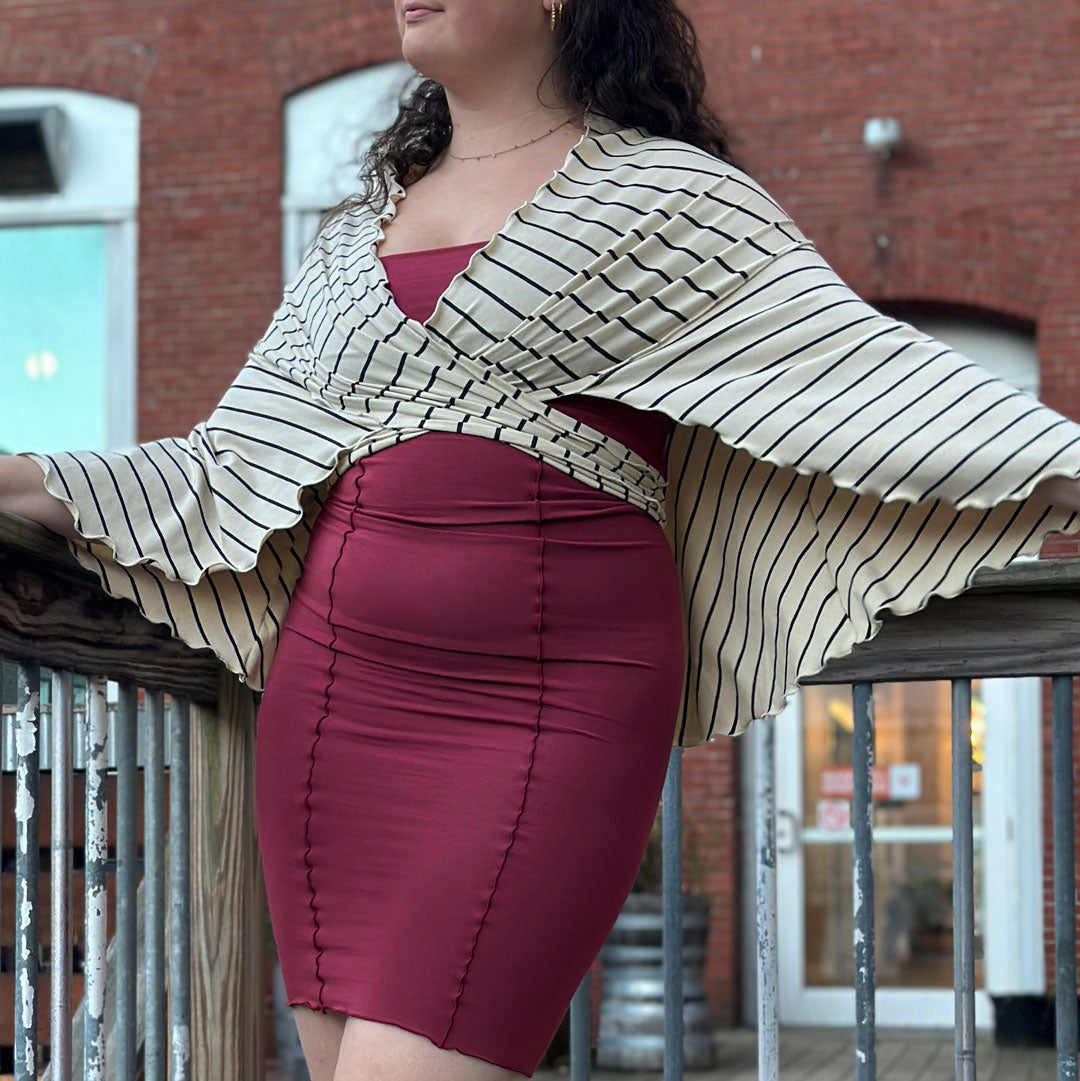 ruby pencil skirt styled as dress with yang stripe girly wrap