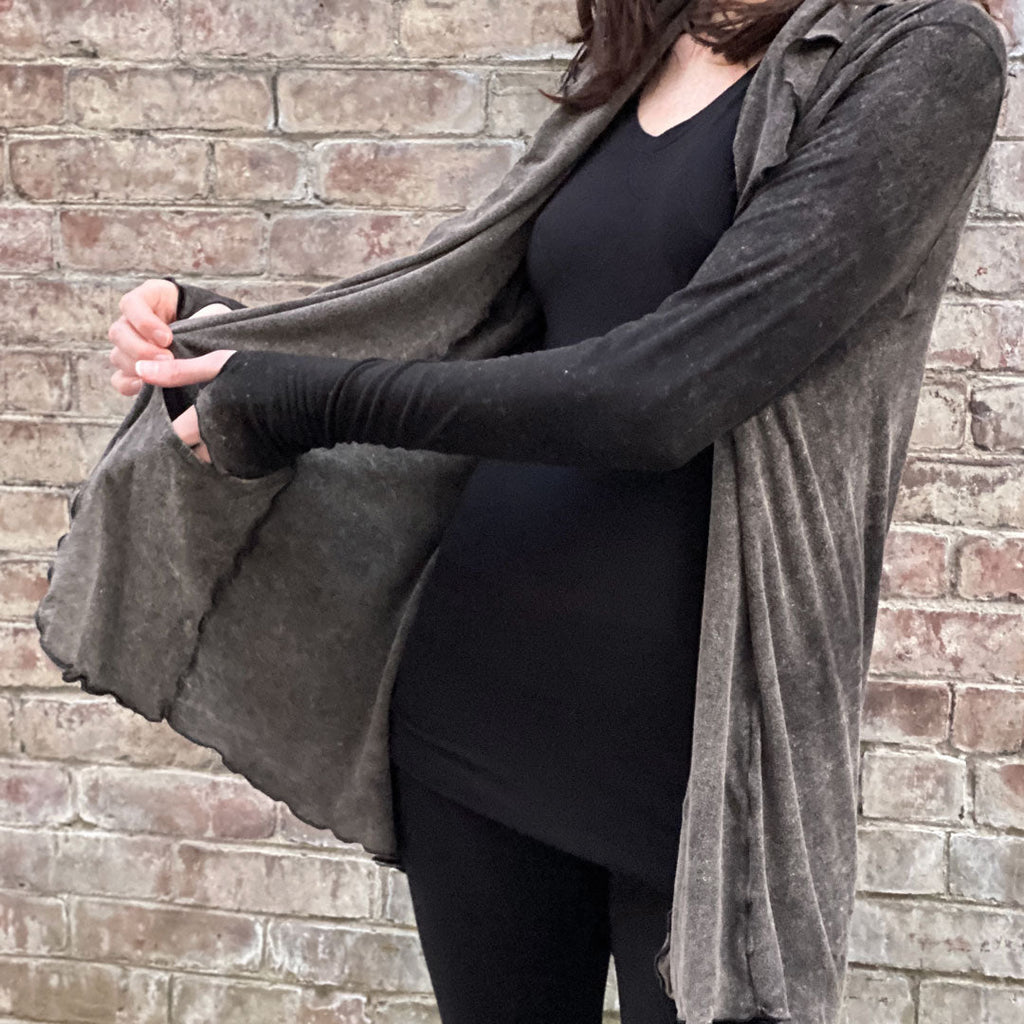 mineral black stitch cardi jacket with cozy pockets worn inside out