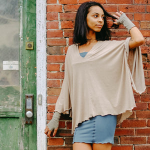 champagne shimmer lil fox with gold shimmer aria sleeves and ocean pencil skirt styled as dress