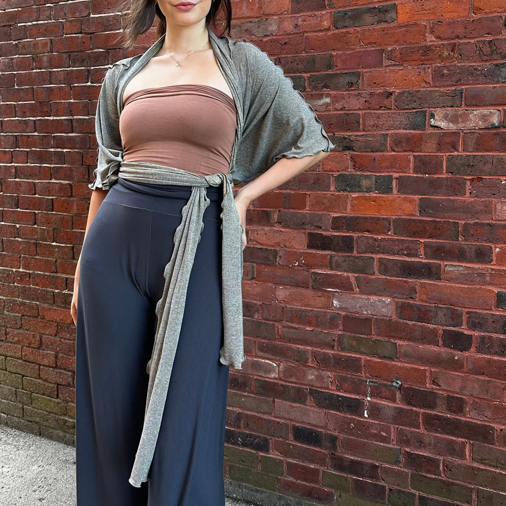cedar pinup under the tissue carbon palazzo pants with gold shimmer girly wrap