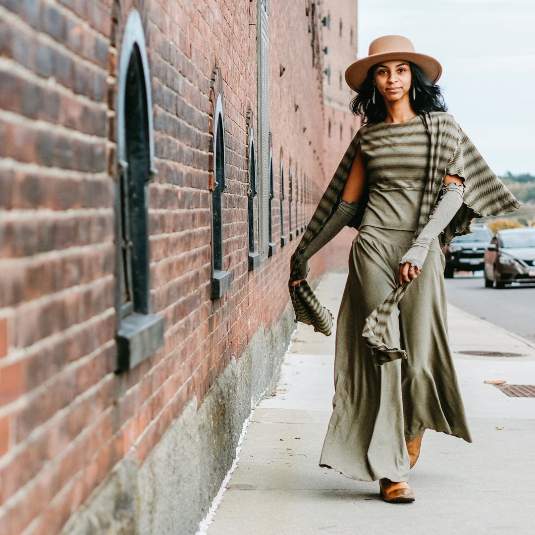girly wrap + hug in country stripe with the palazzo pant and opera sleeves in gold shimmer'