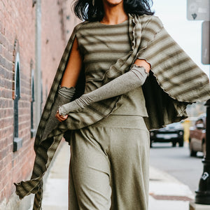 girly wrap + hug in country stripe with the palazzo pant and opera sleeves in gold shimmer