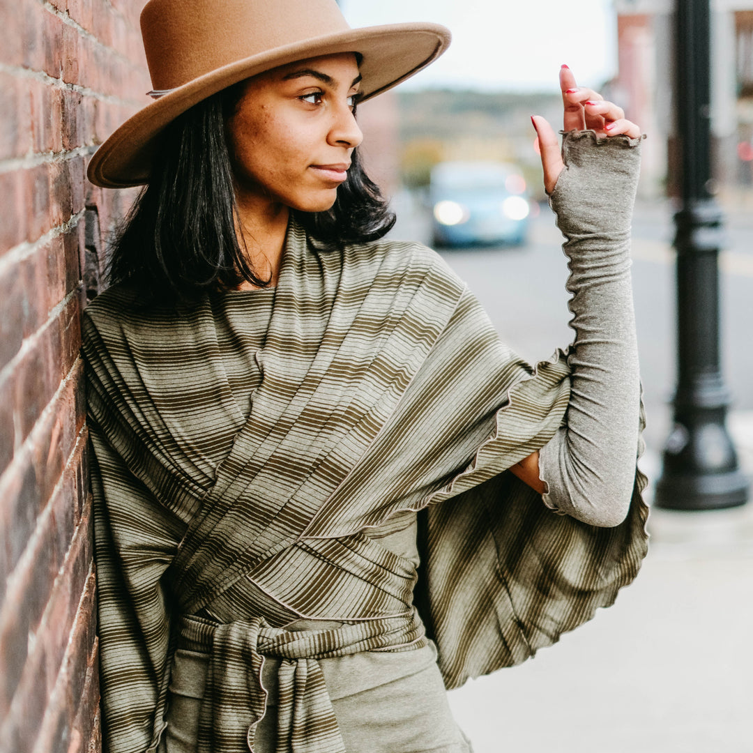 girly wrap + hug in country stripe with the palazzo pant and opera sleeves in gold shimmer