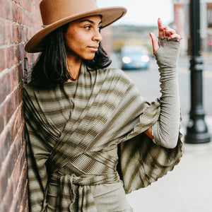 girly wrap + hug in country stripe with the palazzo pant and opera sleeves in gold shimmer