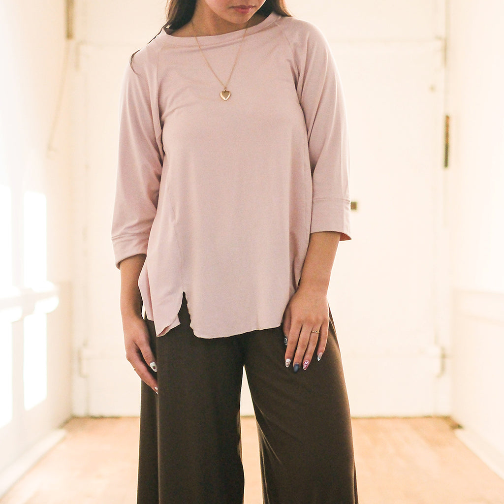 homerun baseball tee in ballet paired with sable palazzo pants