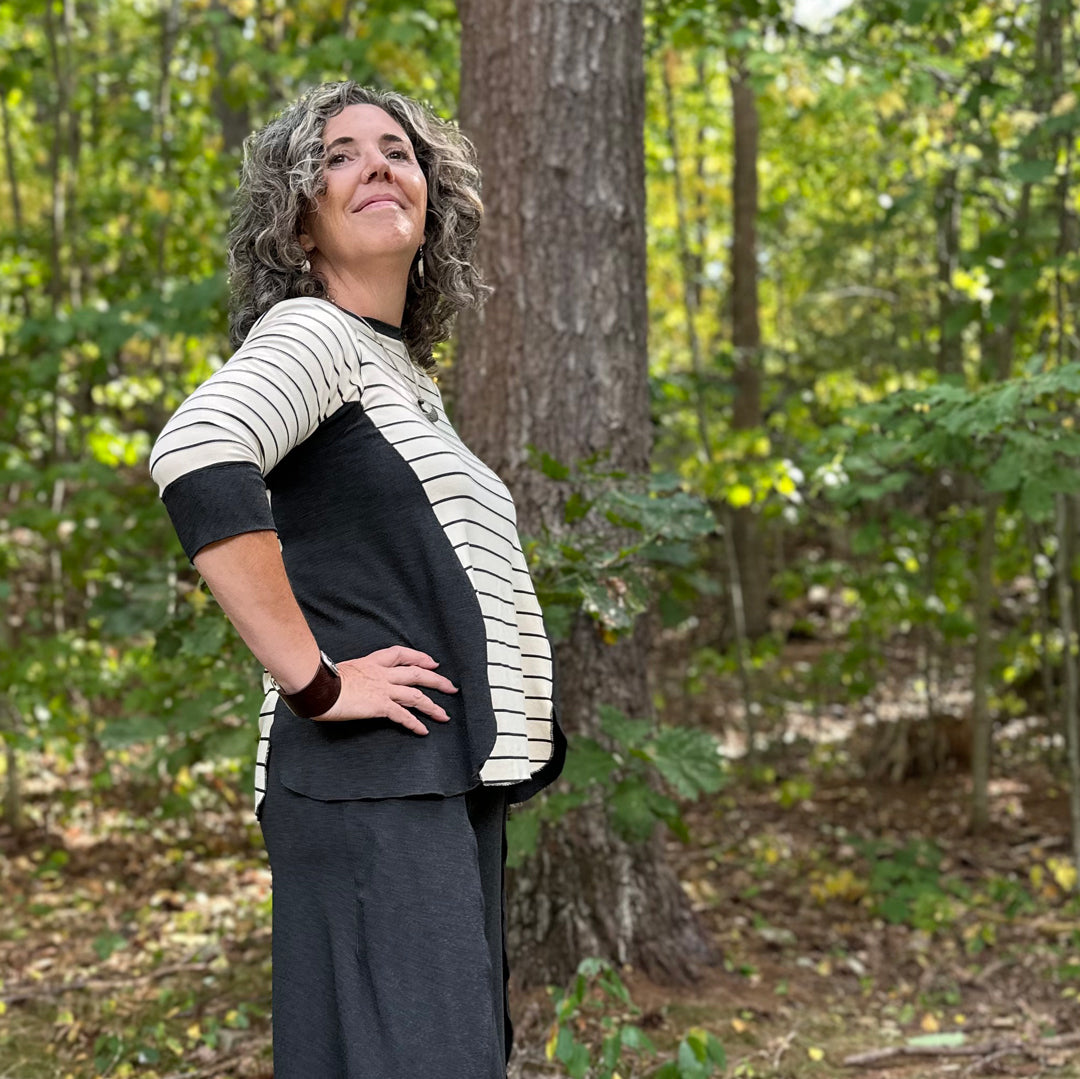 homerun shirt in lava/yang stripe and petal pant in lava