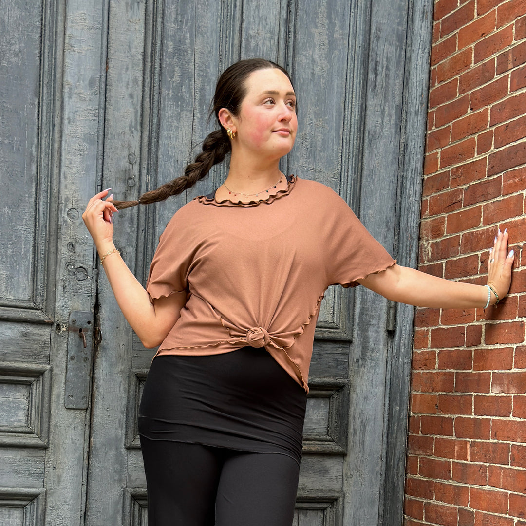 sweet t in cedar styled with black swirlsuit