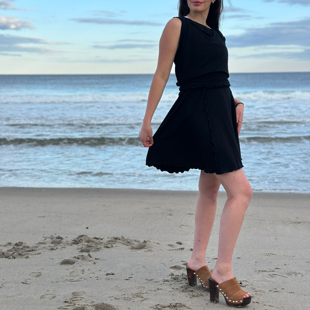 angelrox® dahlin' dress in black pulled over and tied to back 