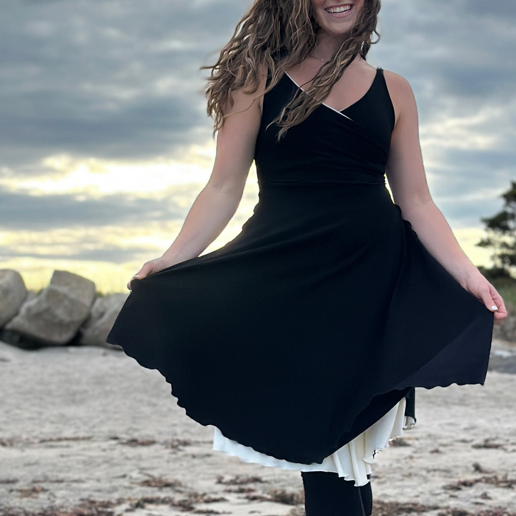 angelrox® dancer reversible dress in black + milk styled with black capri