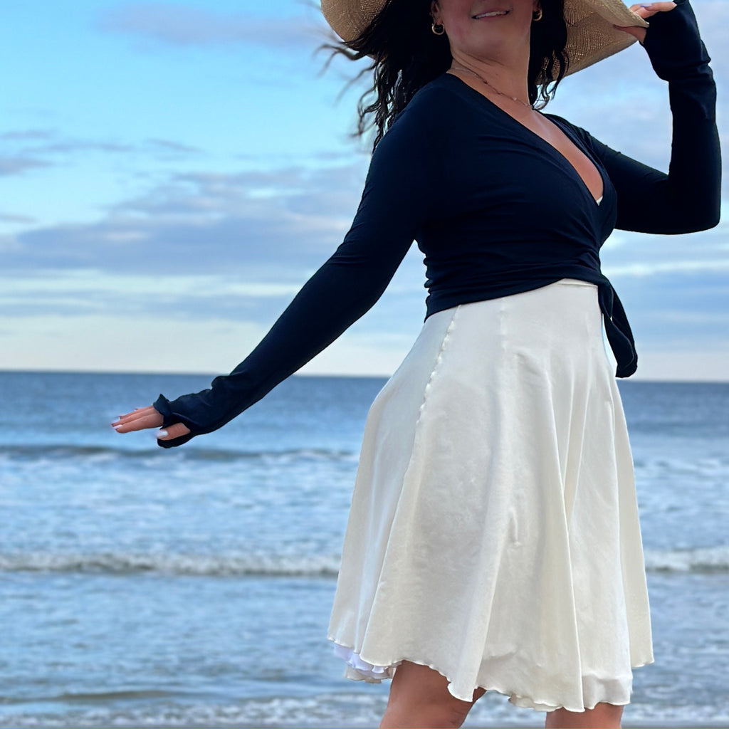 angelrox® dancer dress in milk + white styled with navy rappa
