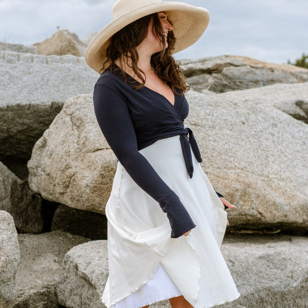 suger® rappa jacket in navy styled with white + milk dancer