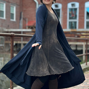 duster in navy bamboo over mineral glow dress