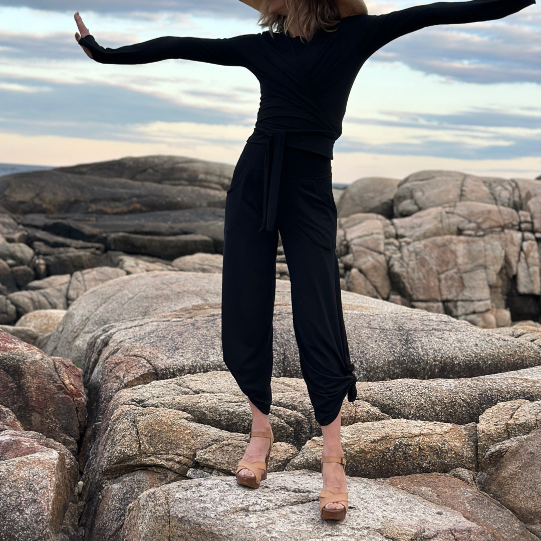 rappa jacket in black paired over black hug + black harlow