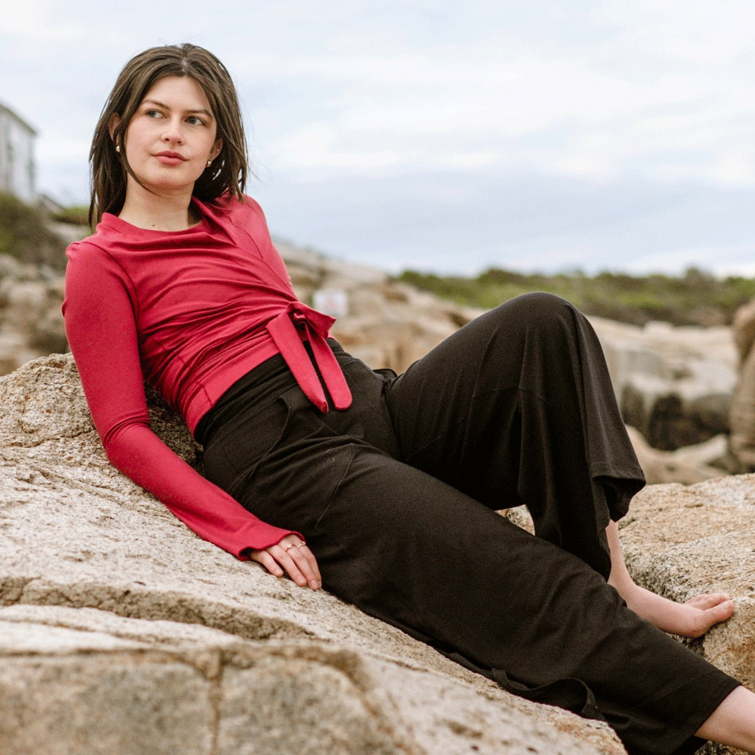 rappa jacket in ruby styled with black harlow