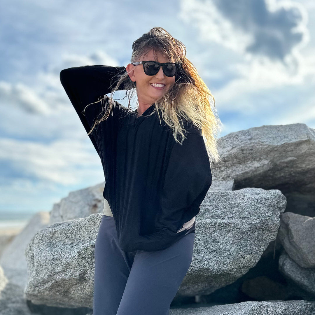 suger® beachcomber in black with palazzo pants in tissue carbon