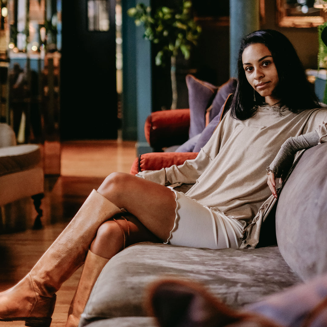 champagne shimmer truly with milk pencil skirt and gold shimmer opera sleeves