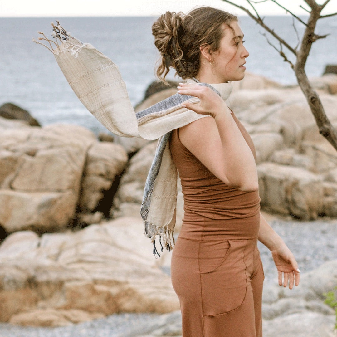 suger® sandy beach scarf styled with cedar hug 