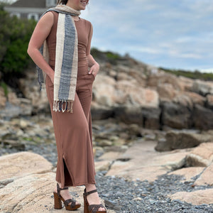 suger® sandy beach scarf worn with cedar hug + cedar harlow