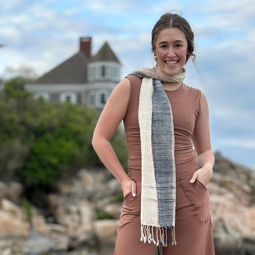 suger® sandy beach scarf worn with cedar hug + cedar harlow