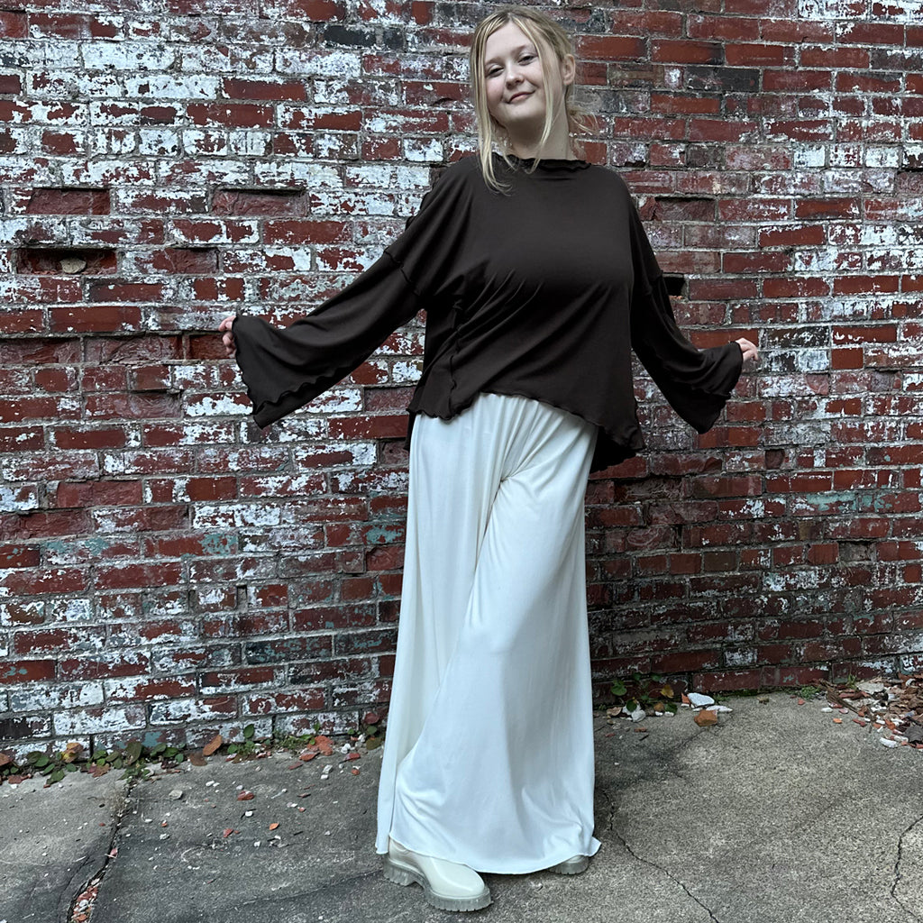 palazzo pants in milk with truly bell sleeve top in sable