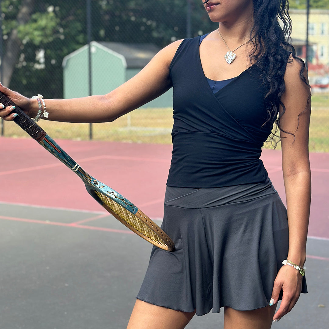 birdie short in dusk with cross top in black