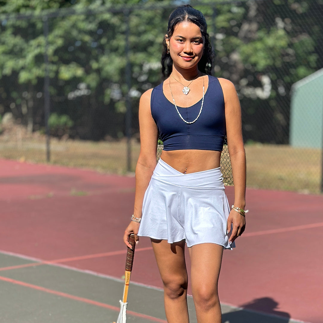 birdie short in white with balance bra in navy