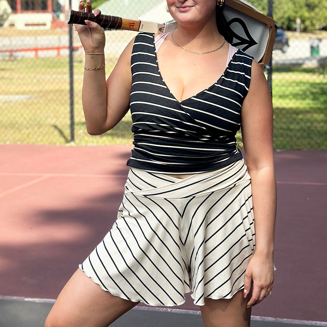 cross top in yin stripe with birdie short in yang stripe