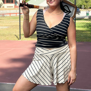 cross top in yin stripe with birdie short in yang stripe