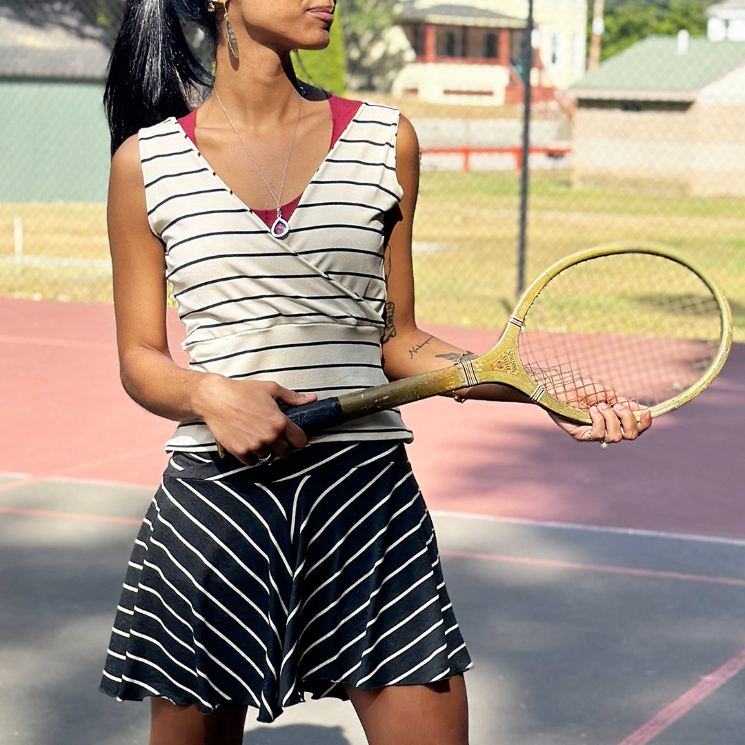 cross top in yang stripe with birdie short in yin stripe