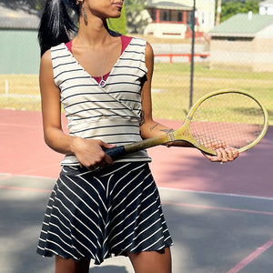 cross top in yang stripe with birdie short in yin stripe