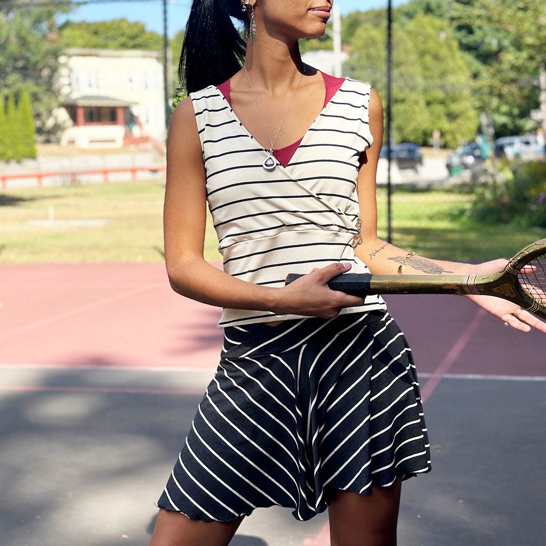 cross top in yang stripe with birdie short in yin stripe