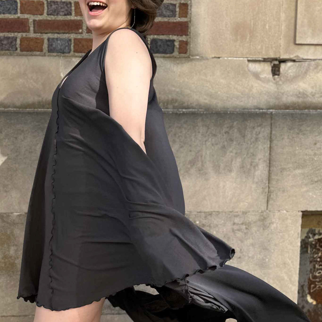 angelrox® dixie dress in tissue dusk with shawl in tissue dusk