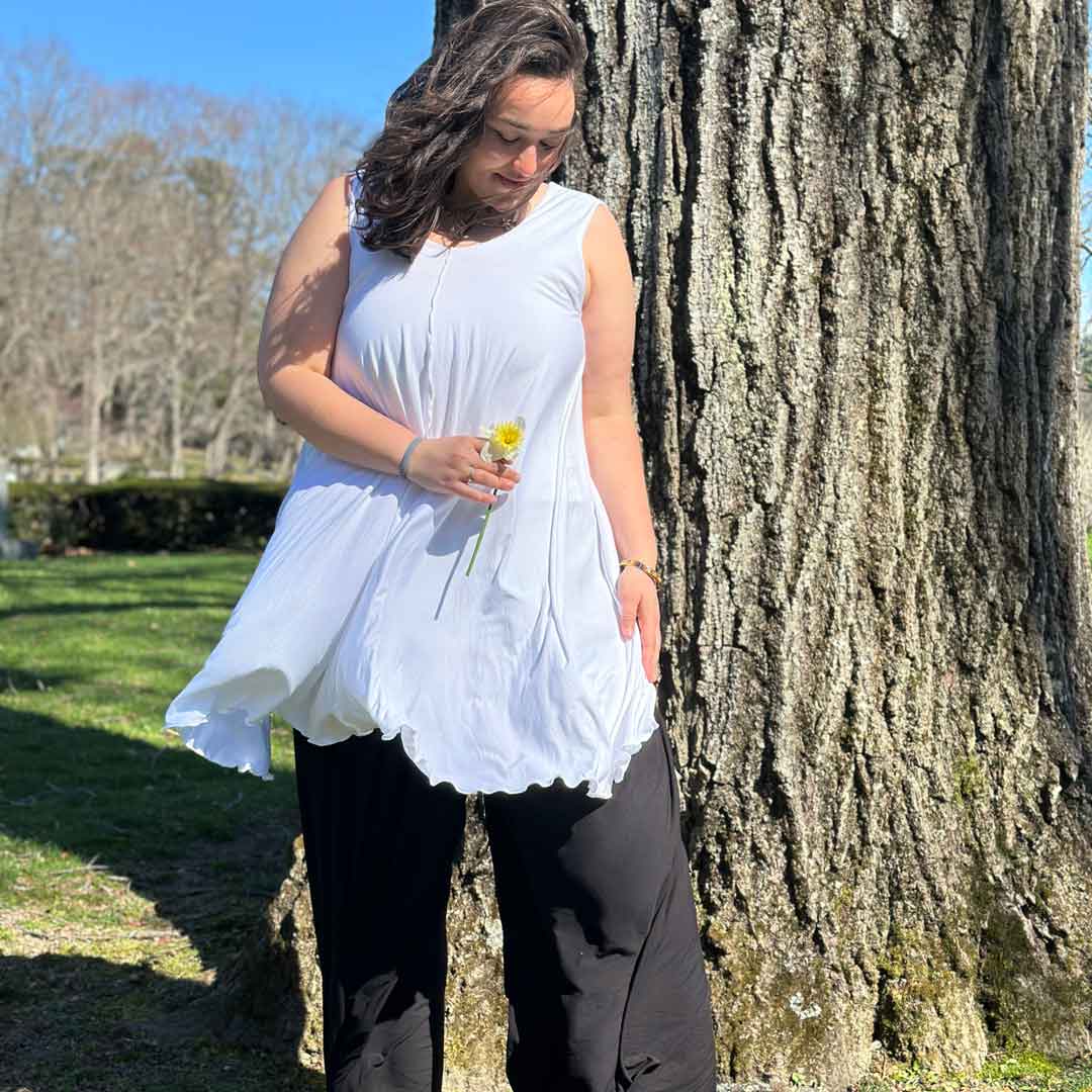 angelrox® dixie dress in tissue white with palazzo pants in tissue black