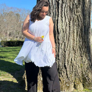 angelrox® dixie dress in tissue white with palazzo pants in tissue black