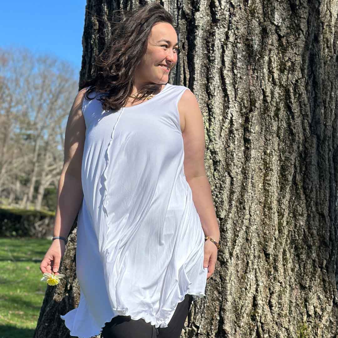 angelrox® dixie dress in tissue white with palazzo pants in tissue black