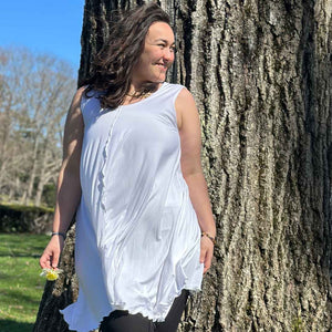 angelrox® dixie dress in tissue white with palazzo pants in tissue black