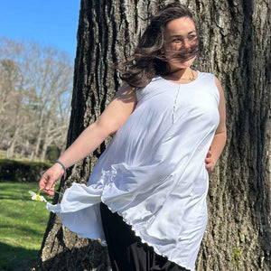 angelrox® dixie dress in tissue white with palazzo pants in tissue black