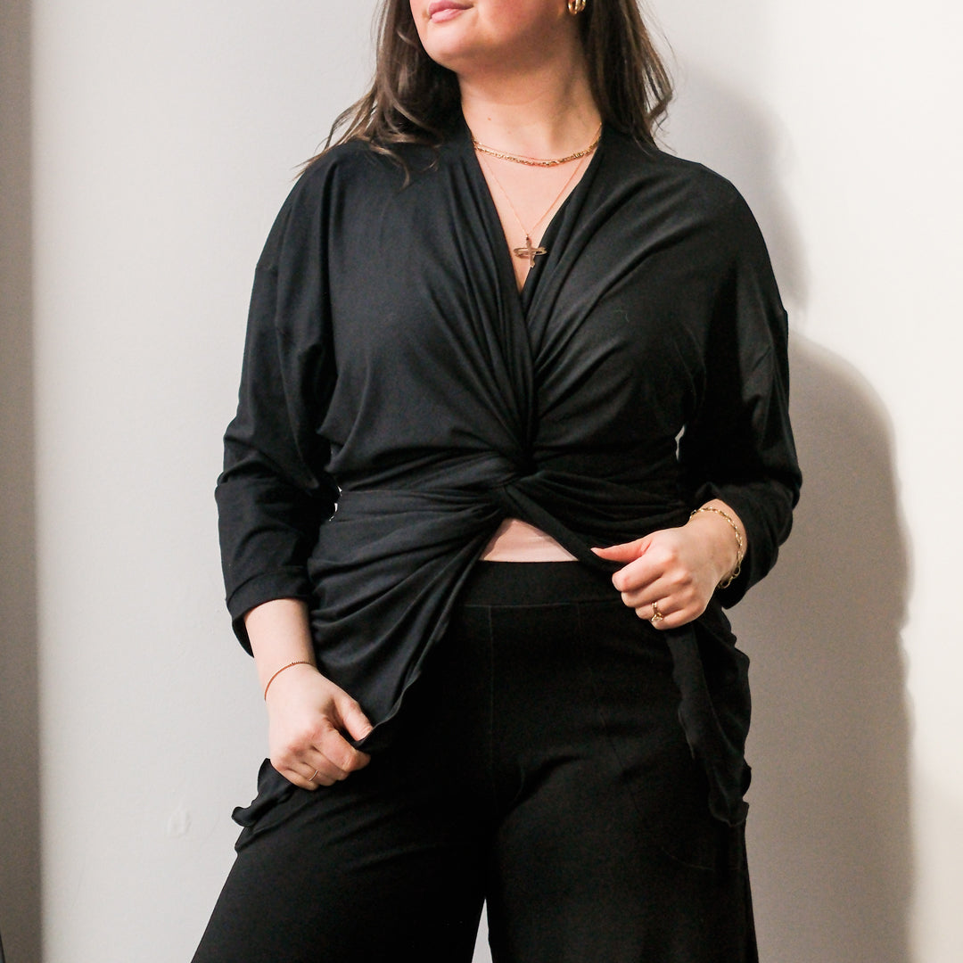 prima jacket in black paired with harlow pants in black 