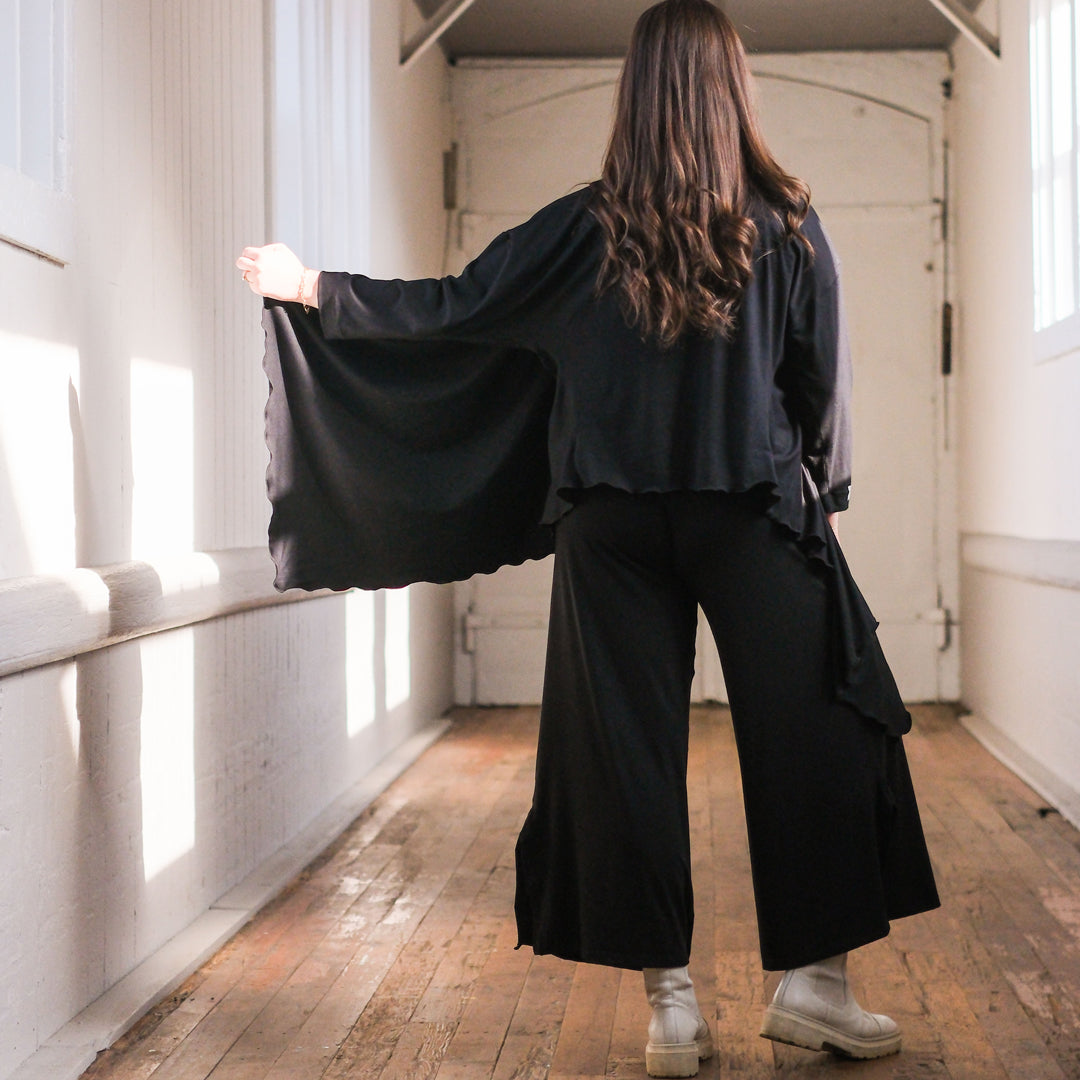 prima jacket in black paired with cross top in ballet and harlow pants in black 