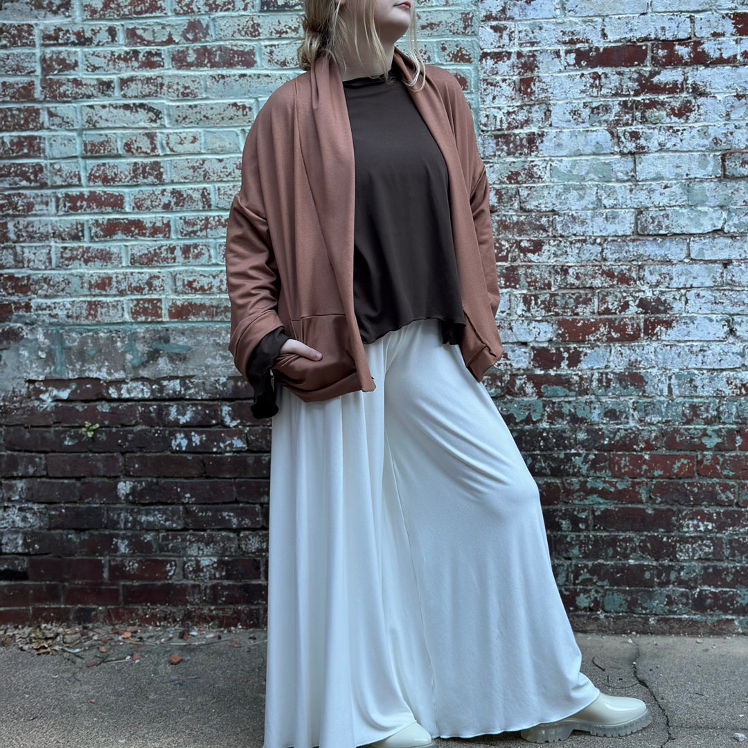 palazzo pants in milk with doris blazer in cedar and truly bell sleeve top in sable
