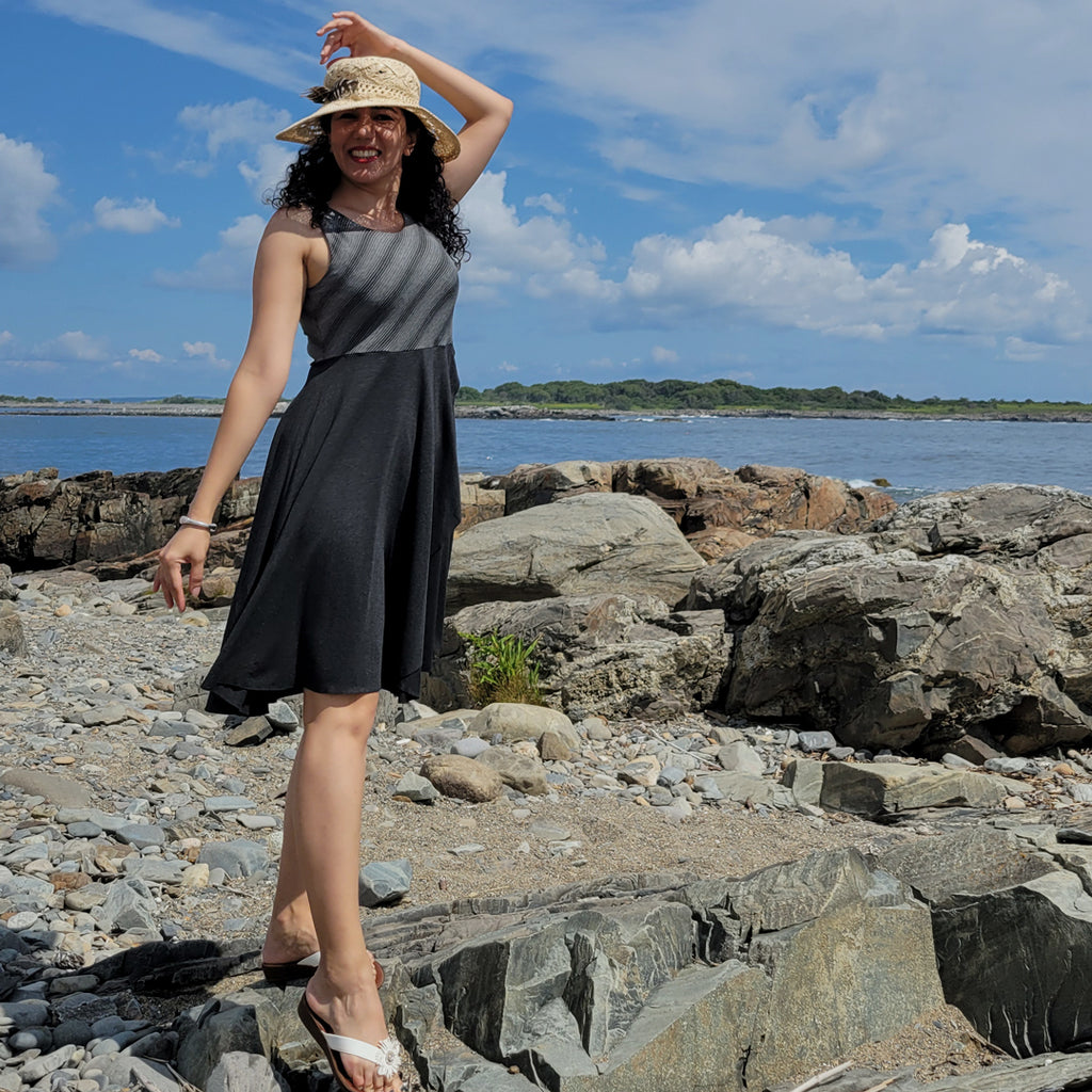 sail away dress in city stripe + lava heather combo