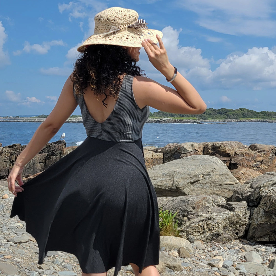 sail away dress in city stripe + lava heather combo