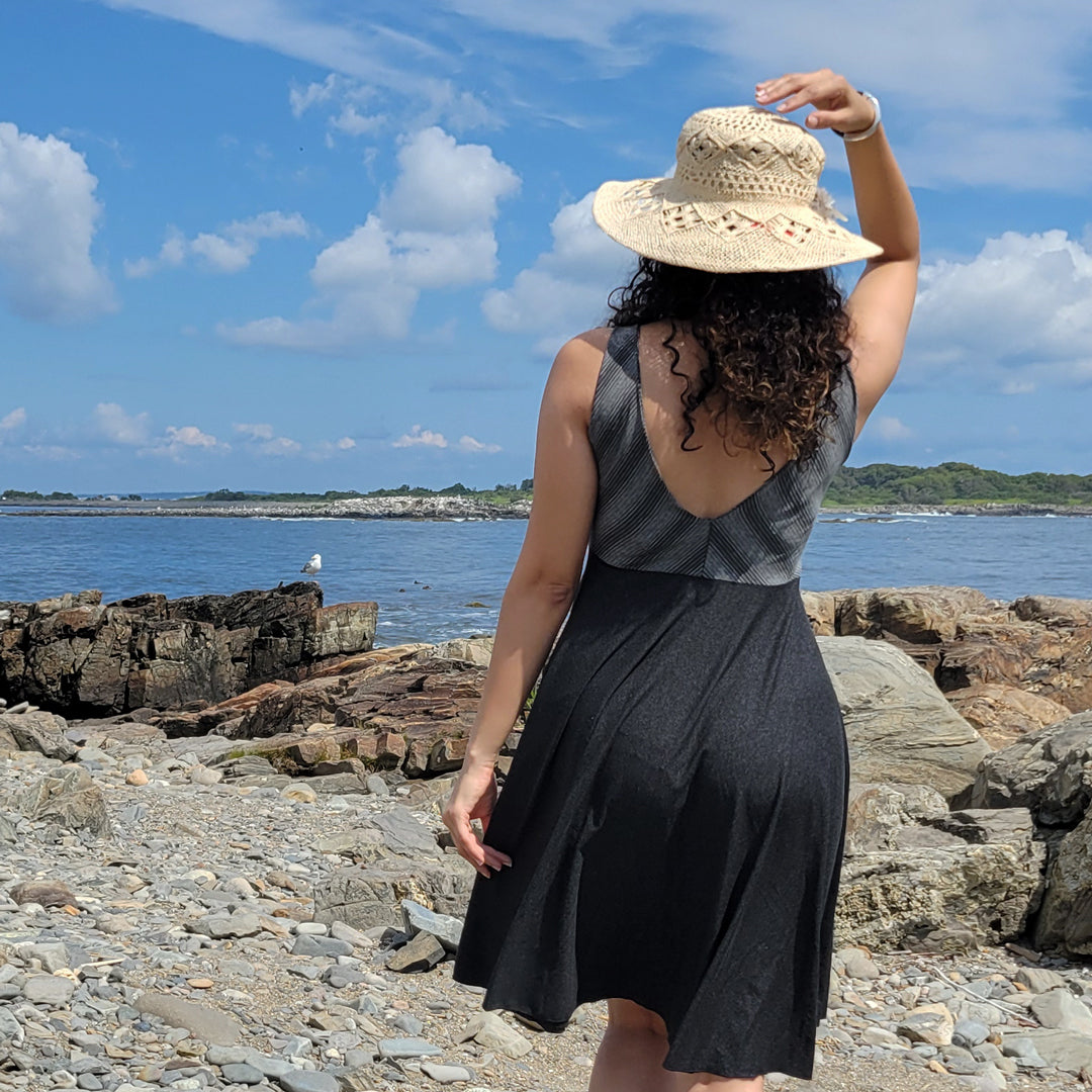 sail away dress in city stripe + lava heather combo